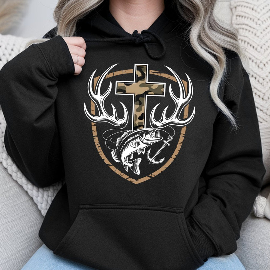 Faith Hunting Hoodie | Camo Cross With Deer Antlers And Fishing Hook Graphic | Premium Cotton Blend | Christian Outdoorsman Gift For Men And Women