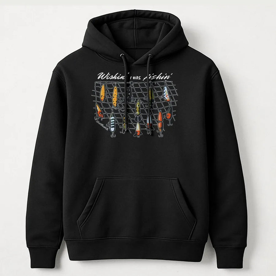 Fishing Hoodie for Men & Women | Vintage Fishing Lures Graphic 'Wishin I Was Fishin' | Premium Cotton-Blend Sweatshirt | Gift for Anglers