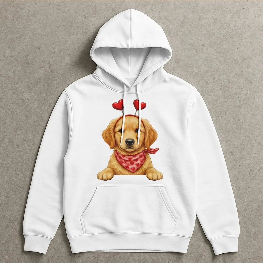 Golden Retriever Valentine Hoodie | Cute Puppy Heart Headband Graphic | Premium Cotton Blend | Romantic Dog Mom Gift For Her