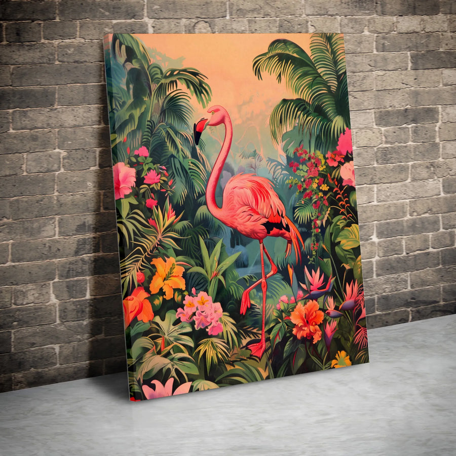 Pink Flamingo Wall Art | Tropical Jungle Canvas Print | Premium Fade-Resistant Decor | Botanical Home Living Room Gift