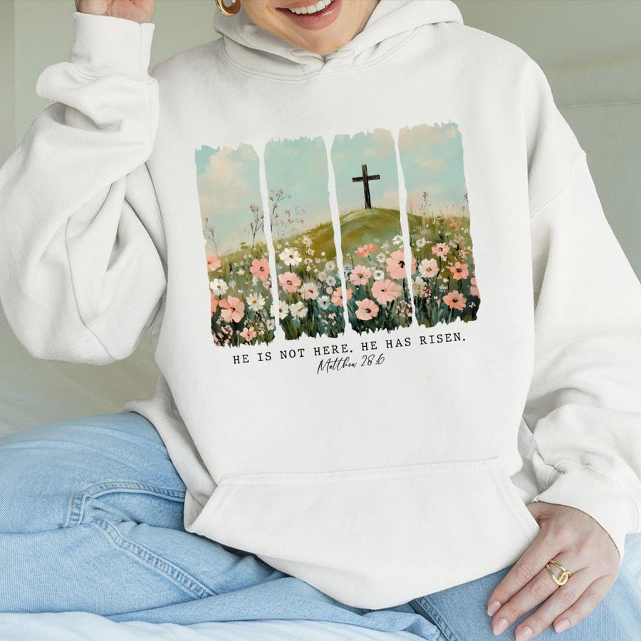 He Is Risen Christian Hoodie | Matthew 28:6 Floral Cross Graphic | Premium Cotton Blend | Easter Religious Gift for Men and Women