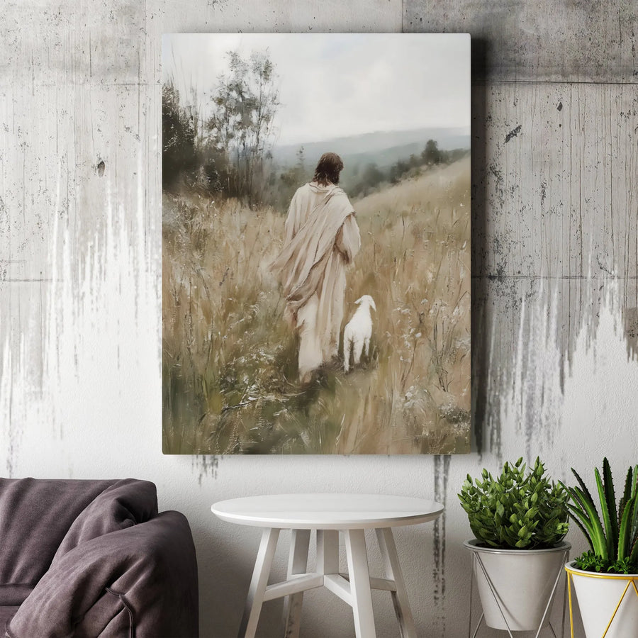 Jesus Christ With Lamb Canvas Print | Religious Wall Art Painting | Gallery Wrap Wooden Frame | Spiritual Home Decor Gift For Believers