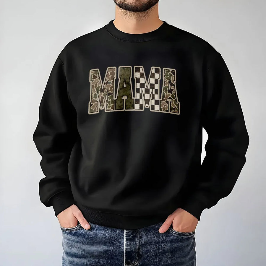Mama Graphic Sweatshirt | Camo & Checkered Block Letter Design | Premium Soft Cotton Shirt | Trendy Gift for New Mom, Boy Mom