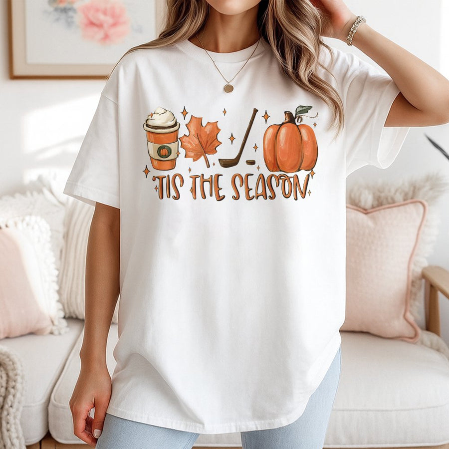 Hockey Mom T-Shirt | Tis The Season Pumpkin Spice Fall Design | Premium Soft Cotton Graphic Tee | Cozy Gift for Hockey Fans and Fall Lovers