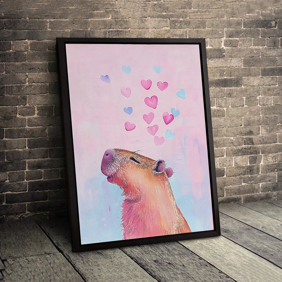 Capybara Wall Art Canvas | Cute Animal With Floating Hearts Print | Gallery-Quality 1.25-Inch Profile | Whimsical Home Decor Gift for Animal Lovers