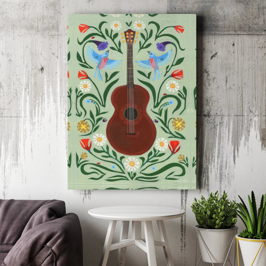 Acoustic Guitar Canvas Wall Art | Bohemian Floral & Bird Design | Premium Gallery Wrapped Canvas | Gift for Musician Home Decor