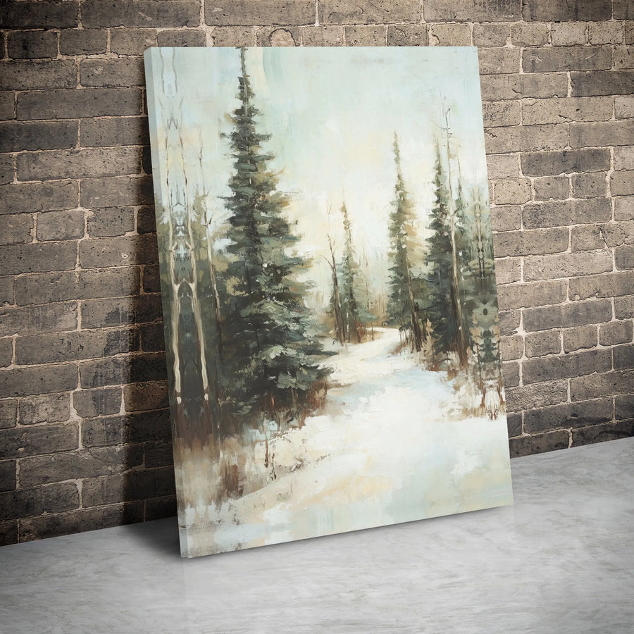 Winter Forest Canvas Wall Art | Snowy Pine Tree Path Painting | Premium Gallery Wrap Print | Serene Holiday Home Decor