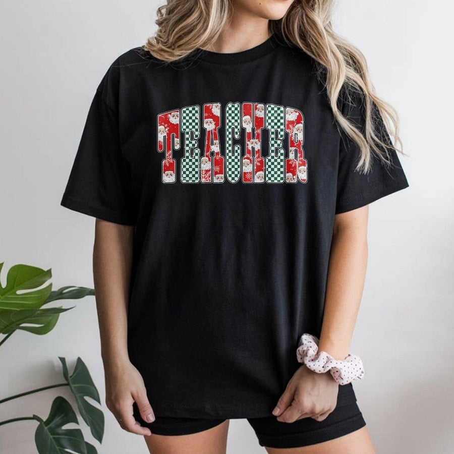 Christmas Teacher T-Shirt | Santa Claus Checkered Holiday Graphic | Premium 100% Cotton Tee | Festive Educator Gift for Winter Season