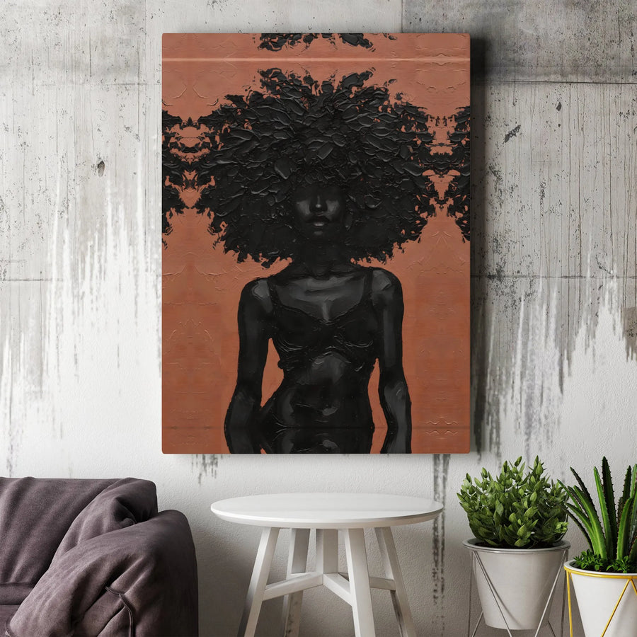 Black Woman Afro Canvas Art | Textured Impasto Style Portrait | Premium Gallery Wrap Wall Decor | Modern African American Interior Home Gift