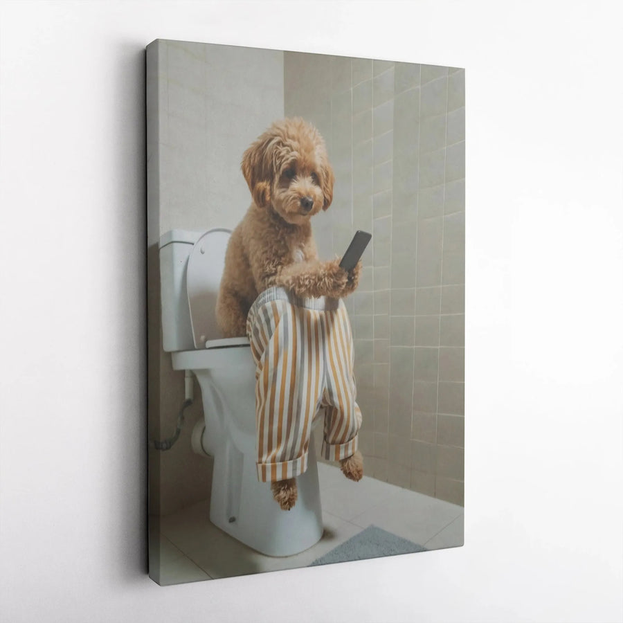 Funny Dog Toilet Poster | Poodle in Striped Pajamas Using Phone | Premium Gallery Wrapped Canvas | Humorous Bathroom Wall Art Decor Gift