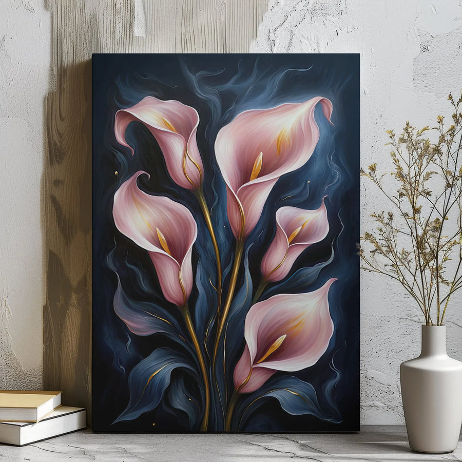 Pink Calla Lily Canvas Wall Art | Elegant Floral Painting with Gold Stems | Premium Gallery Wrap Decor | Sophisticated Botanical Home Gift