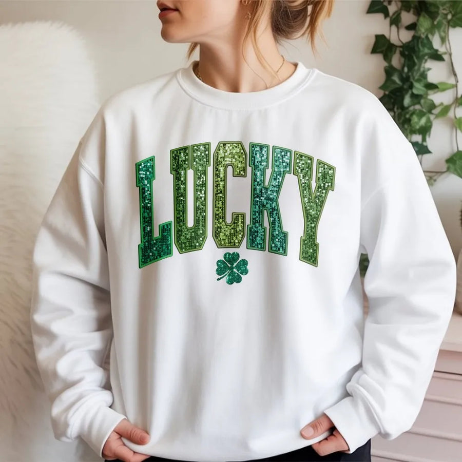 Lucky St Patricks Day Sweatshirt | Varsity Retro Shamrock Graphic | Cotton Blend Premium Pullover | Gift for Irish Women and Men