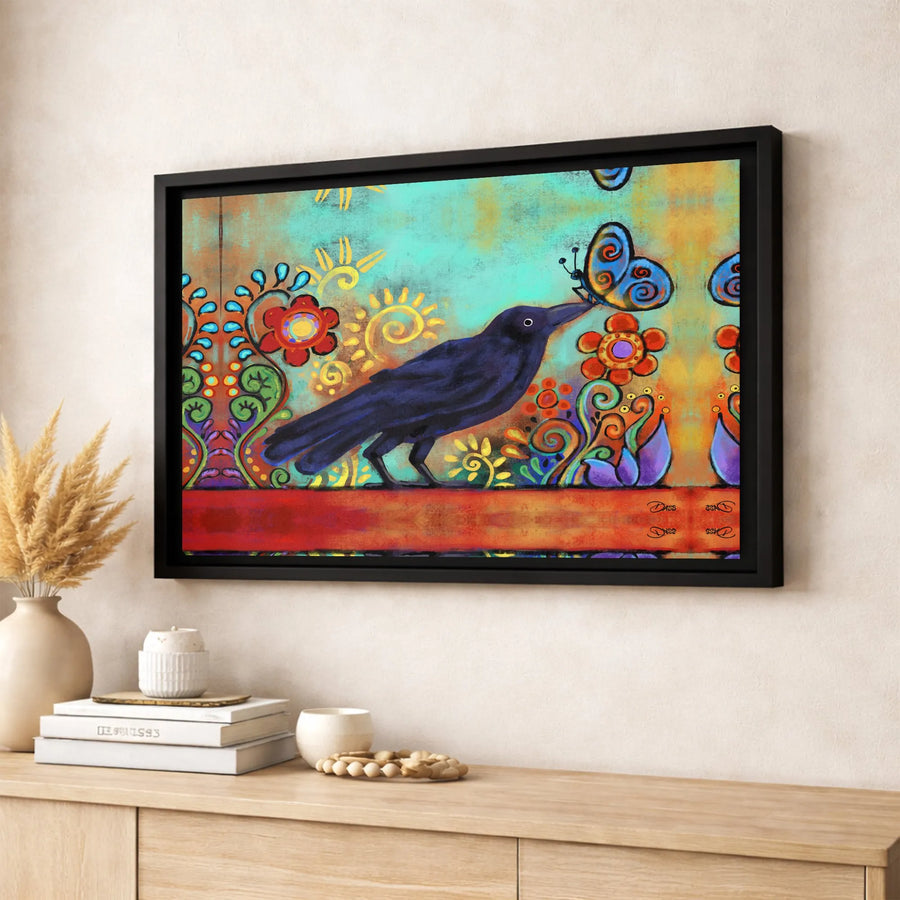 Folk Art Crow Canvas Wall Art | Colorful Butterfly Floral Illustration | Premium Fade-Resistant Print | Bohemian Home Decor Gift
