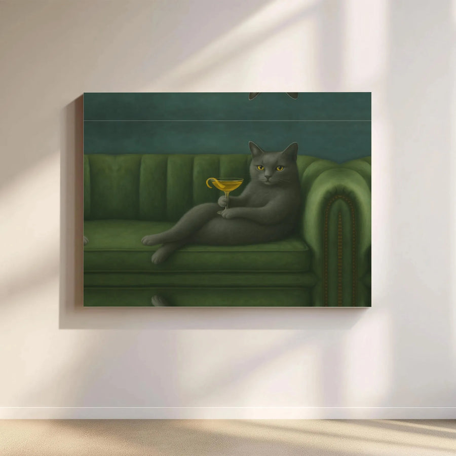 Sophisticated Grey Cat Art Canvas | Whimsical Lounge Cat Drinking Cocktail | Gallery Wrapped Premium Canvas | Gift for Cat Lovers & Bar Decor