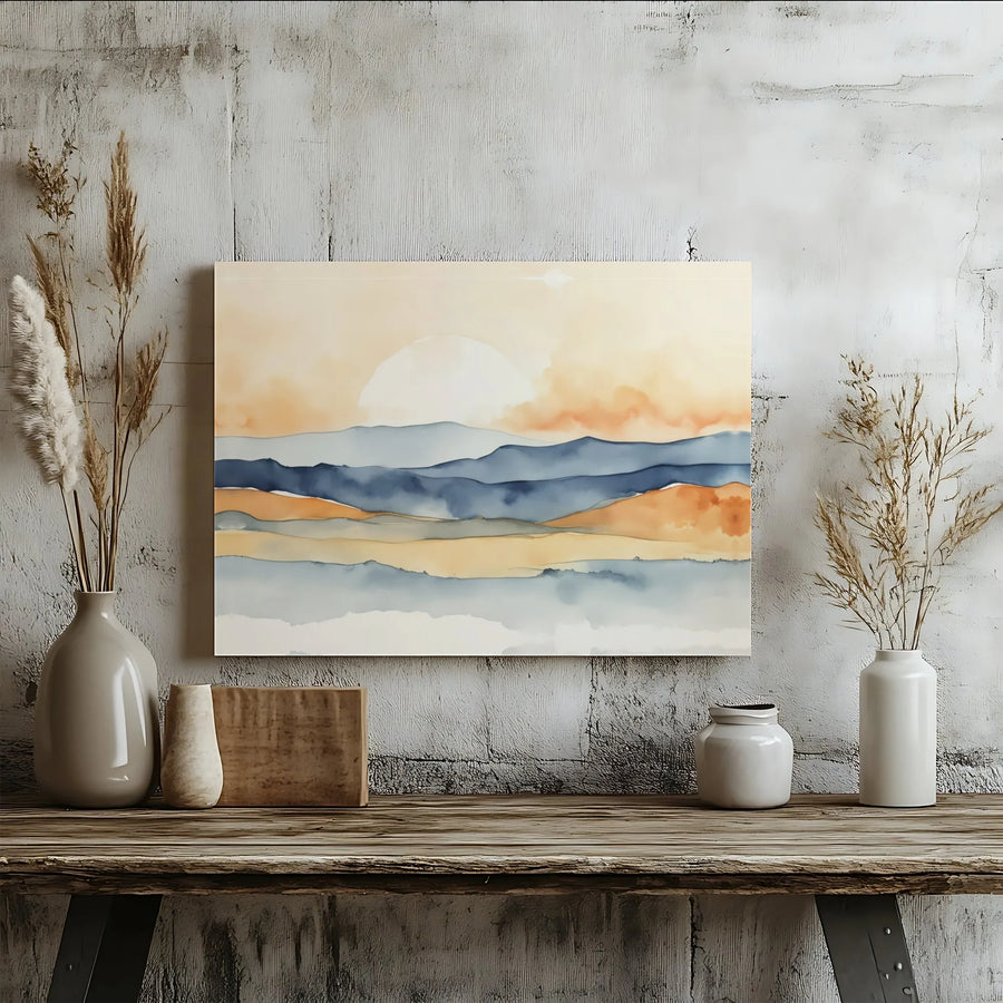 Abstract Landscape Canvas Wall Art | Watercolor Sunset Mountain Range | Premium Gallery Wrapped Canvas | Modern Living Room Decor Gift