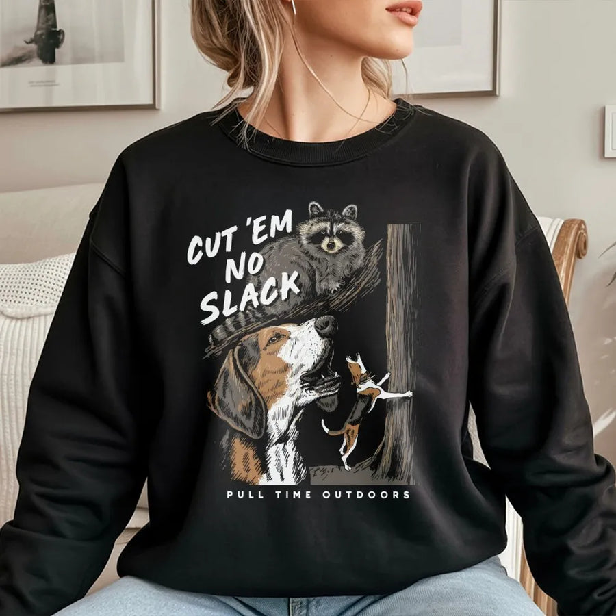 Coon Hunting Sweatshirt | Cut Em No Slack Dog Graphic | Premium Cotton Blend | Gift For Outdoorsmen And Hound Dog Owners