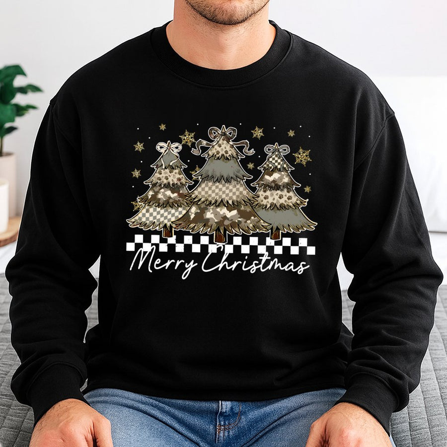 Merry Christmas Tree Sweatshirt | Preppy Camo Coquette Bow Graphic | Premium Cotton Blend | Holiday Gift for Women and Teen Girls