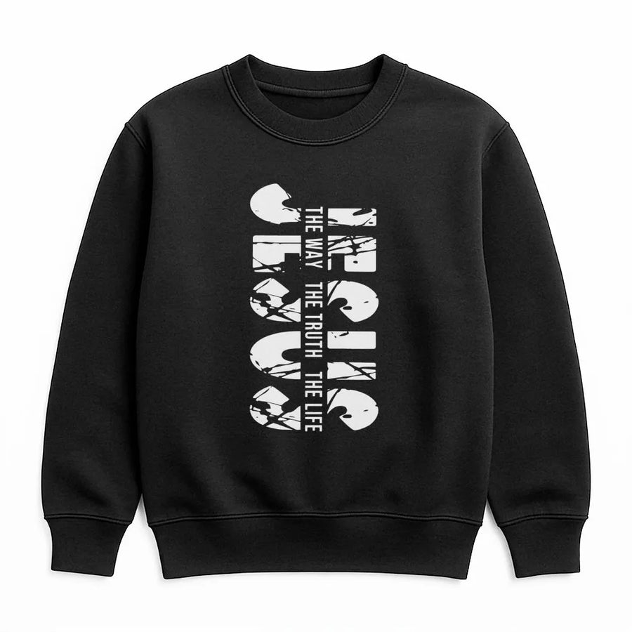 Jesus The Way The Truth The Life Sweatshirt | Vertical Distressed Typography Design | Premium Cotton Blend | Christian Religious Gift For Men And Women