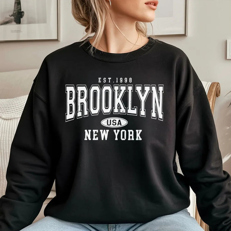 Brooklyn New York Sweatshirt | Vintage Aesthetic Varsity Print | Premium Cotton Blend Crewneck | Unisex Streetwear City Apparel Gift