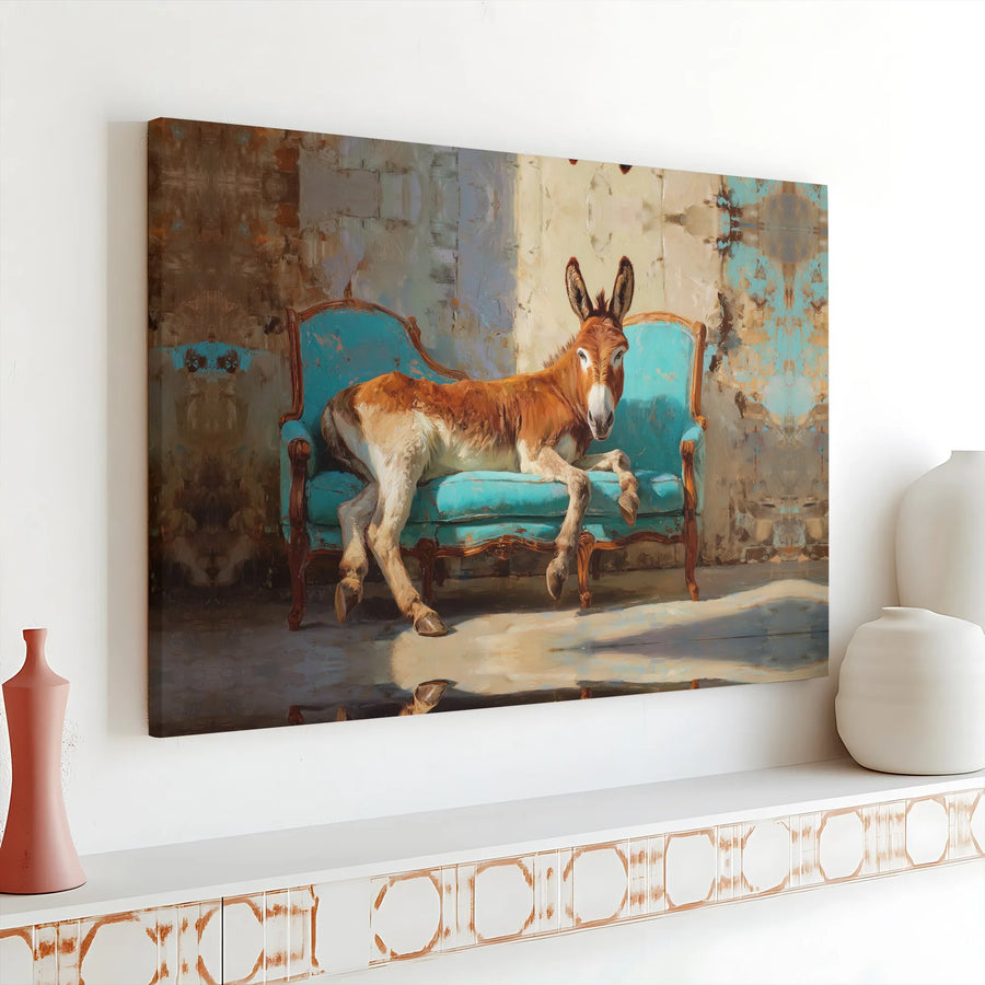 Funny Donkey Canvas Wall Art | Animal Lounging on French Sofa Painting | Premium Gallery Wrap Canvas | Eclectic Farmhouse Decor Gift