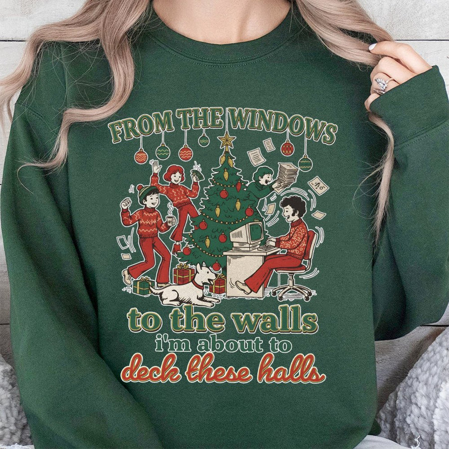 Funny Christmas Sweatshirt | Deck The Halls Retro Graphic | Premium Cotton Blend Crewneck | Unisex Holiday Gift For Office Workers