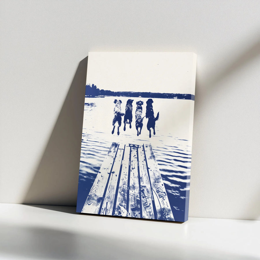Dog Dock Jumping Canvas Art | Coastal Blue and White Silhouette | Premium Gallery Wrap Wall Decor | Rustic Lake House Gift for Dog Lovers