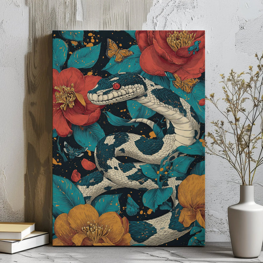 Snake Floral Canvas Wall Art | Dark Botanical Serpent with Butterflies | Premium Gallery Wrap 1.25 Inch | Moody Maximalist Home Decor Gift