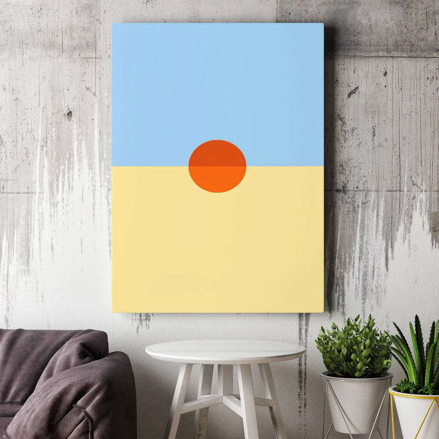 Minimalist Geometric Sunset Canvas Art | Abstract Orange Sun Blue Yellow Horizon | Premium Gallery Wrap Decor | Modern Office Home Wall Art Gift