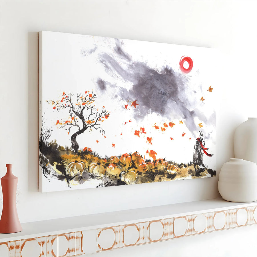 Autumn Pumpkin Patch Canvas Art | Horned Figure Ink Wash Painting | Premium Gallery Wrapped Wall Decor | Atmospheric Fall Seasonal Gift