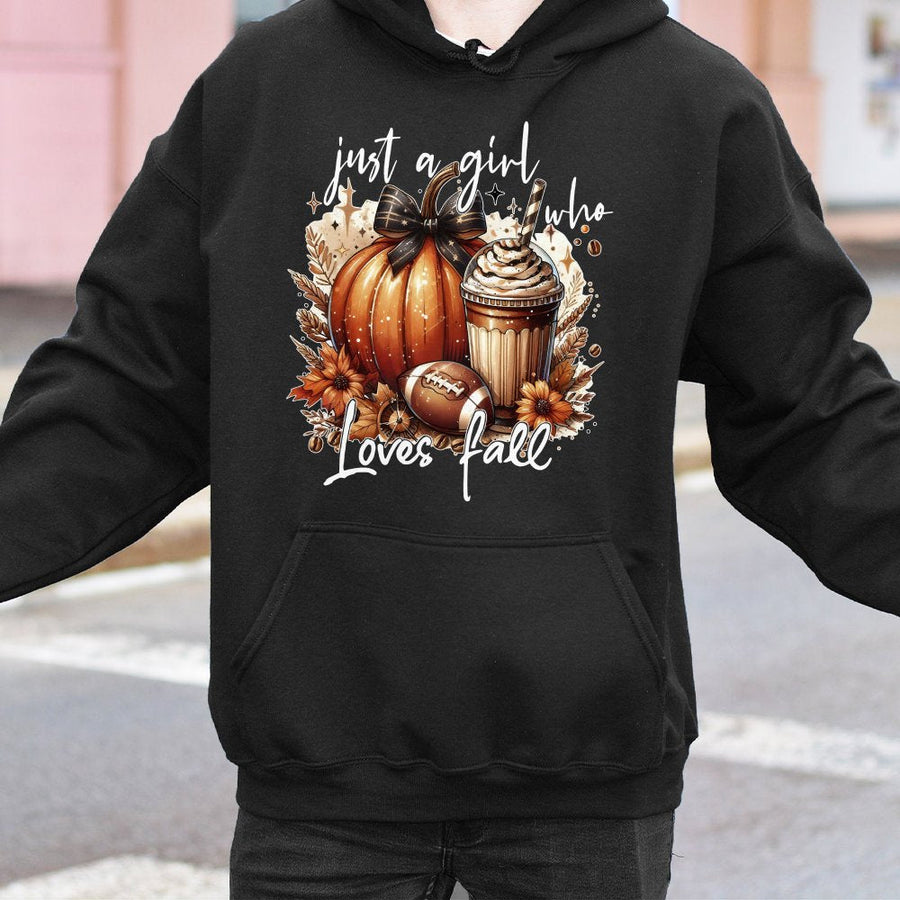 Just A Girl Who Loves Fall Hoodie | Pumpkin Spice & Football Graphic | Cotton-Poly Premium Blend | Cute Autumn Aesthetic Gift for Her