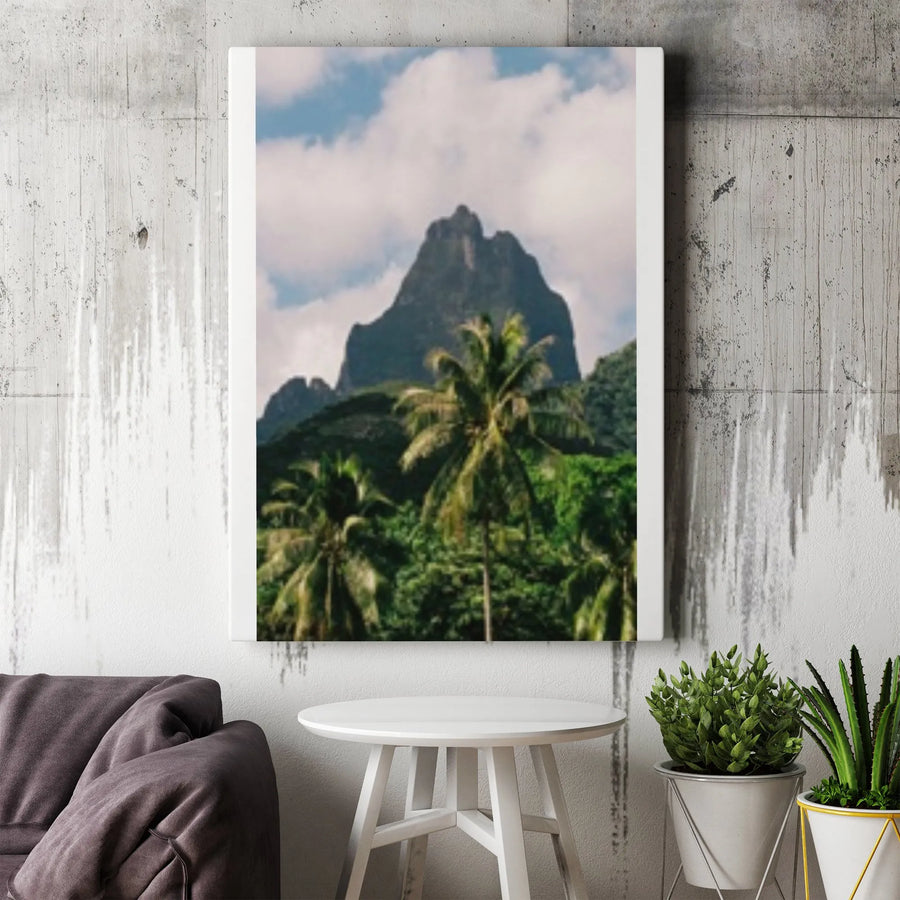 Tropical Mountain Vertical Canvas | Vintage Island Photography with Palm Trees | Premium Thick Gallery Wrap | Living Room & Office Decor Gift