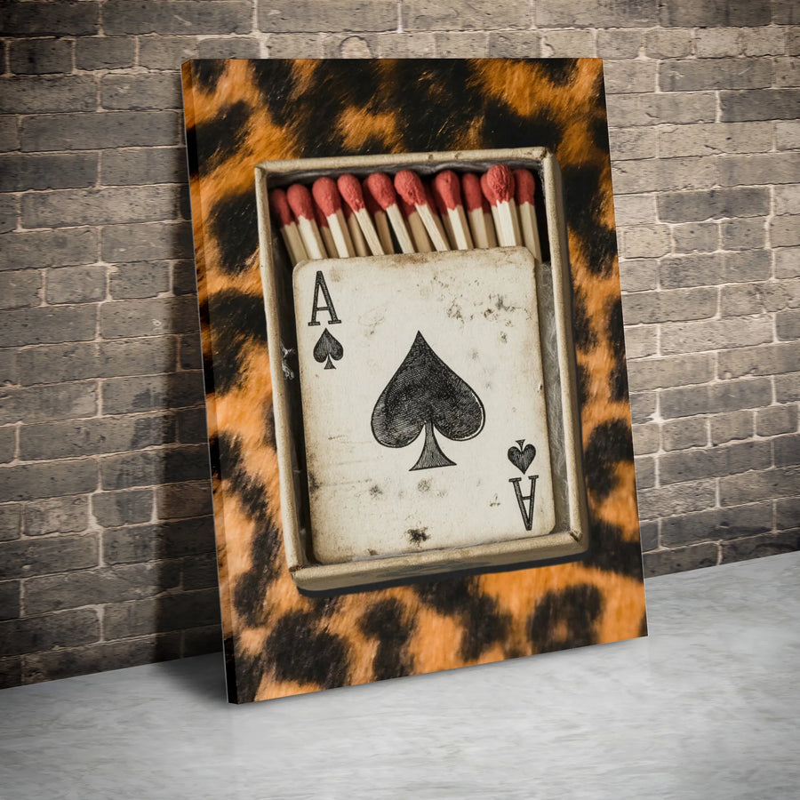 Ace of Spades Canvas Wall Art | Vintage Matchbox & Playing Card on Leopard Print | Premium 1.25" Thick Canvas | Modern Game Room & Man Cave Decor Gift