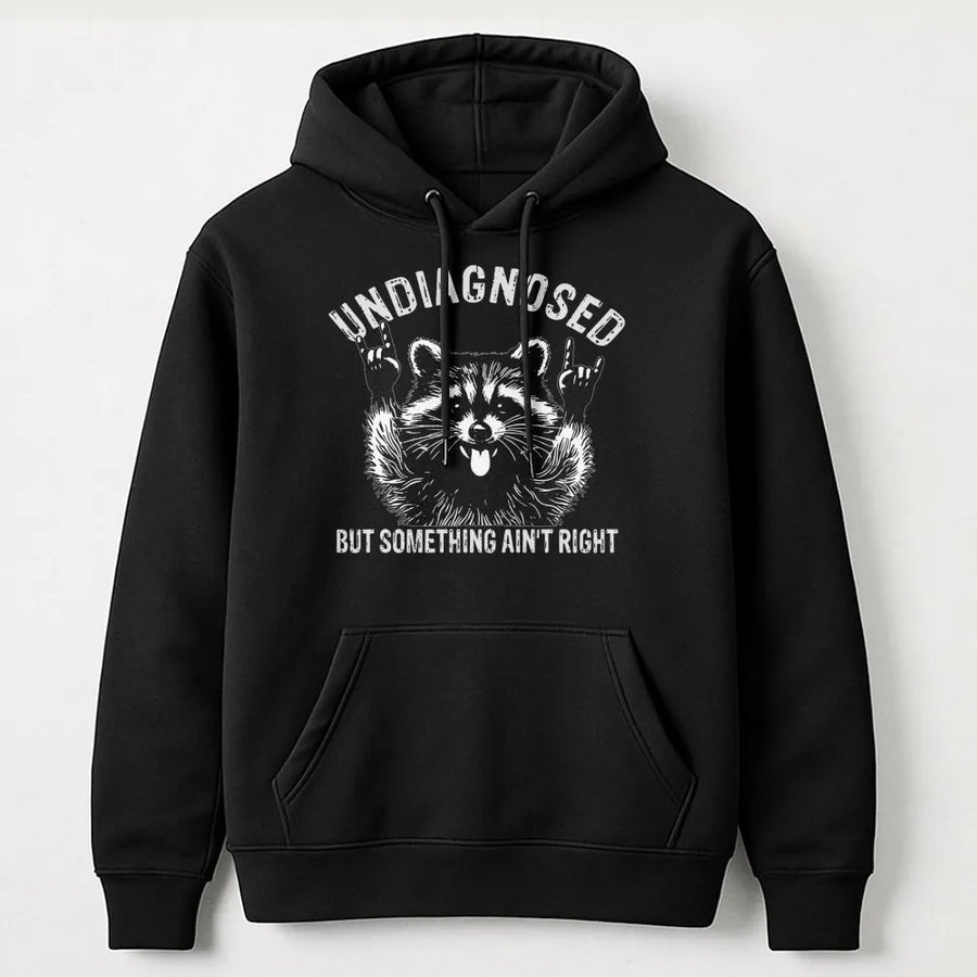 Undiagnosed But Something Ain't Right Hoodie | Funny Raccoon Graphic Pullover | Soft Cotton Blend Streetwear | Sarcastic Neurodivergent Gift