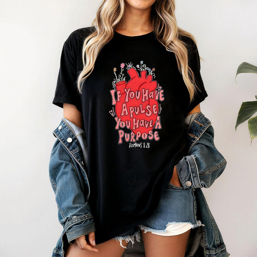 If You Have A Pulse You Have A Purpose T-Shirt | Romans 8:28 Christian Graphic Tee | Premium Cotton Bible Verse Shirt | Inspirational Religious Gift