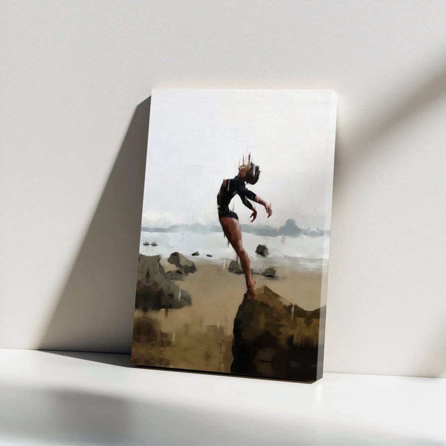 Abstract Dancer Wall Art | Elegant Female Pose On Rocky Shore | Premium Gallery Wrapped Canvas | Minimalist Home Decor Gift
