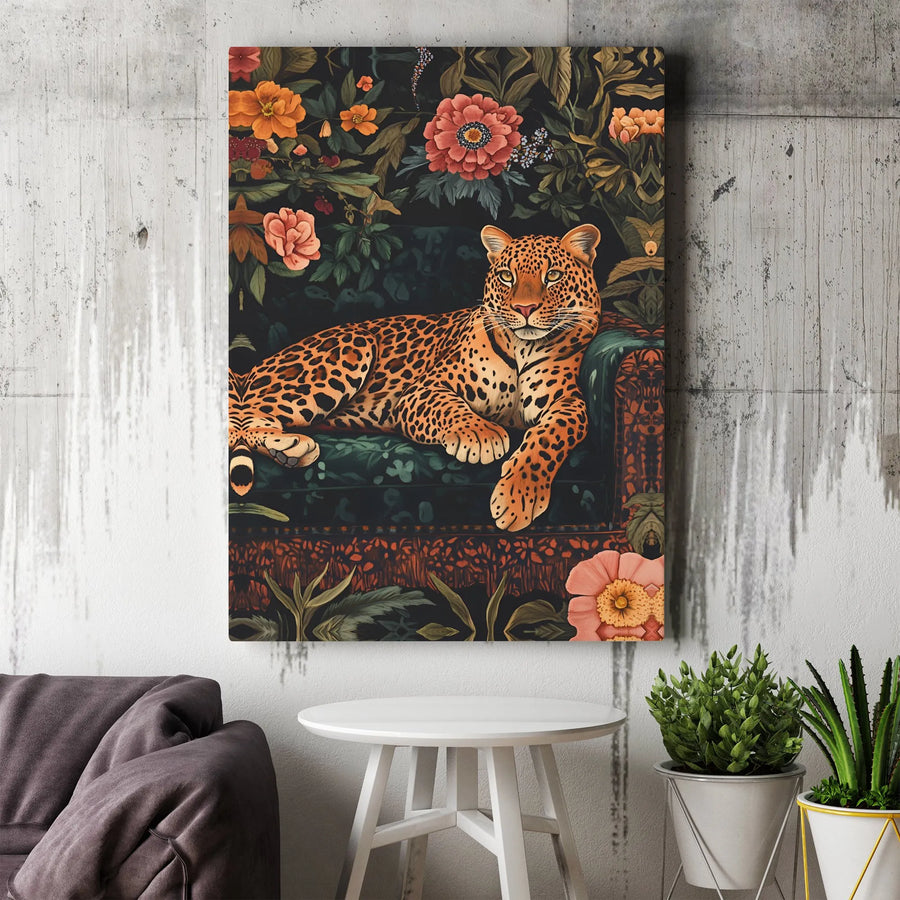 Leopard Wall Art Canvas | Maximalist Botanical Jungle Print | Premium Gallery Wrap Decor | Wildlife Gift for Home Office