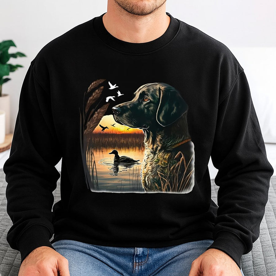Hunting Dog Sweatshirt | Duck Hunting Sunset Graphic Design | Cotton Blend Outdoor Apparel | Wildlife Lover Gift For Hunters
