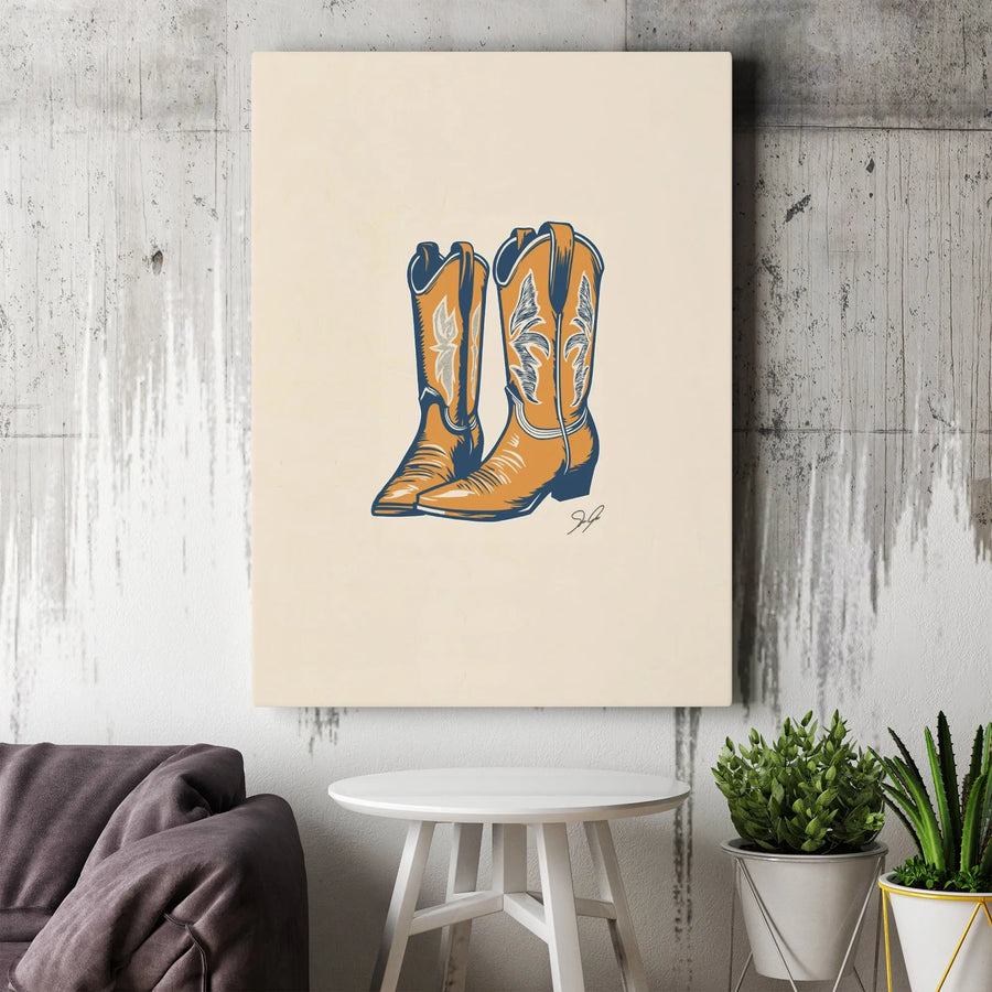 Western Cowboy Boots Canvas Print | Retro Western Illustration | Premium Gallery Wrap Canvas | Farmhouse & Ranch Decor Gift