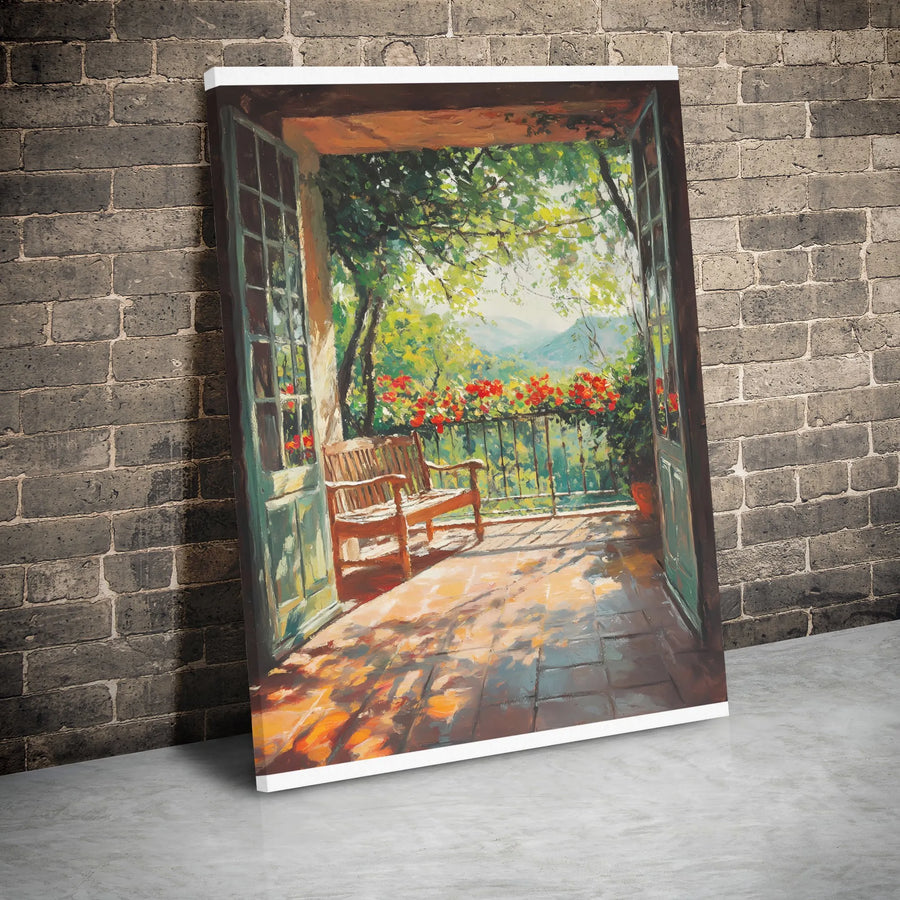 Tuscan Terrace Canvas Print | Impressionist Garden View with Bench | Premium Gallery Wrap Wall Art | Mediterranean Home Decor Gift