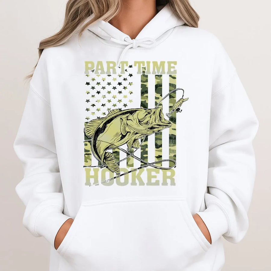 Part Time Hooker Fishing Hoodie | Camo American Flag Bass Graphic | Premium Cotton Blend | Funny Fisherman Gift For Men And Women