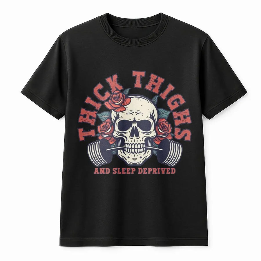 Thick Thighs And Sleep Deprived Graphic Tee | Skull Weightlifting Roses Design | 100% Cotton Premium Shirt | Funny Gym Workout Gift For Fitness Lovers