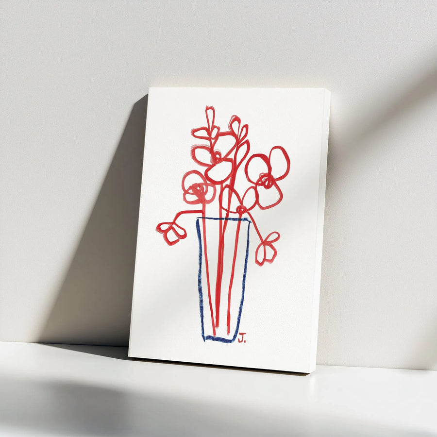 Abstract Floral Vertical Canvas | Minimalist Red and Blue Flower Line Art | Premium Thick Gallery Wrap Print | Modern Home Decor Gift