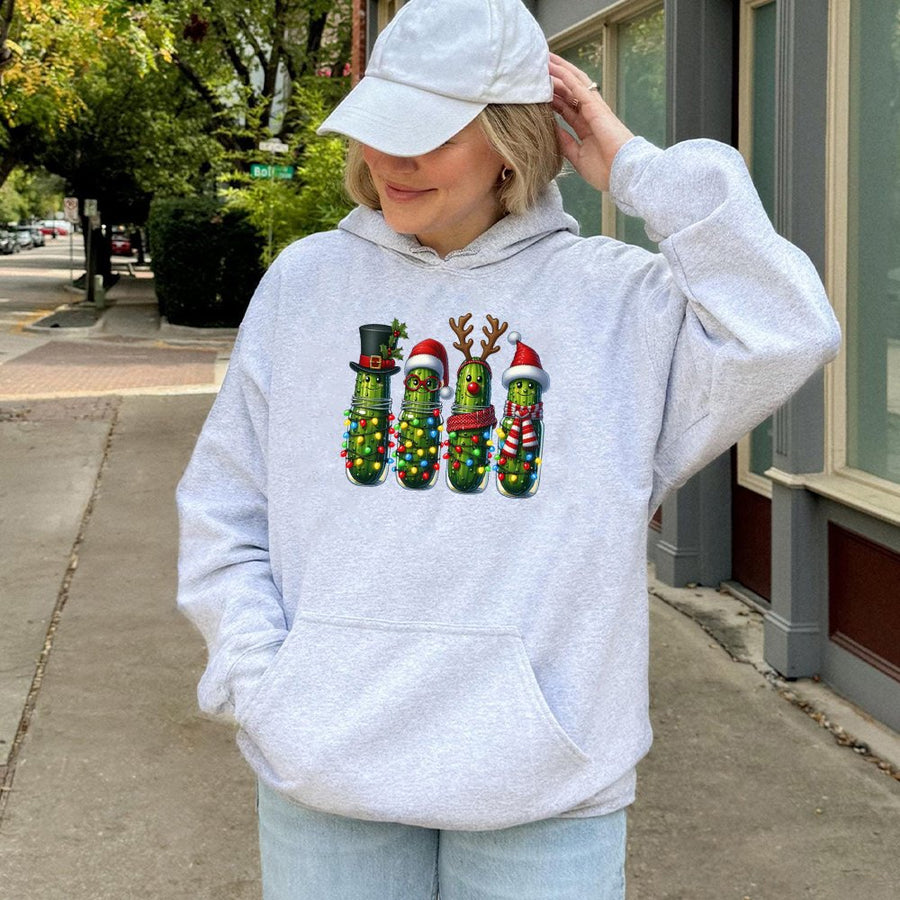 Funny Christmas Pickle Hoodie | Cute Festive Dill Character Print | Premium Cotton Blend Sweatshirt | Unique Holiday Gift for Pickle Lovers