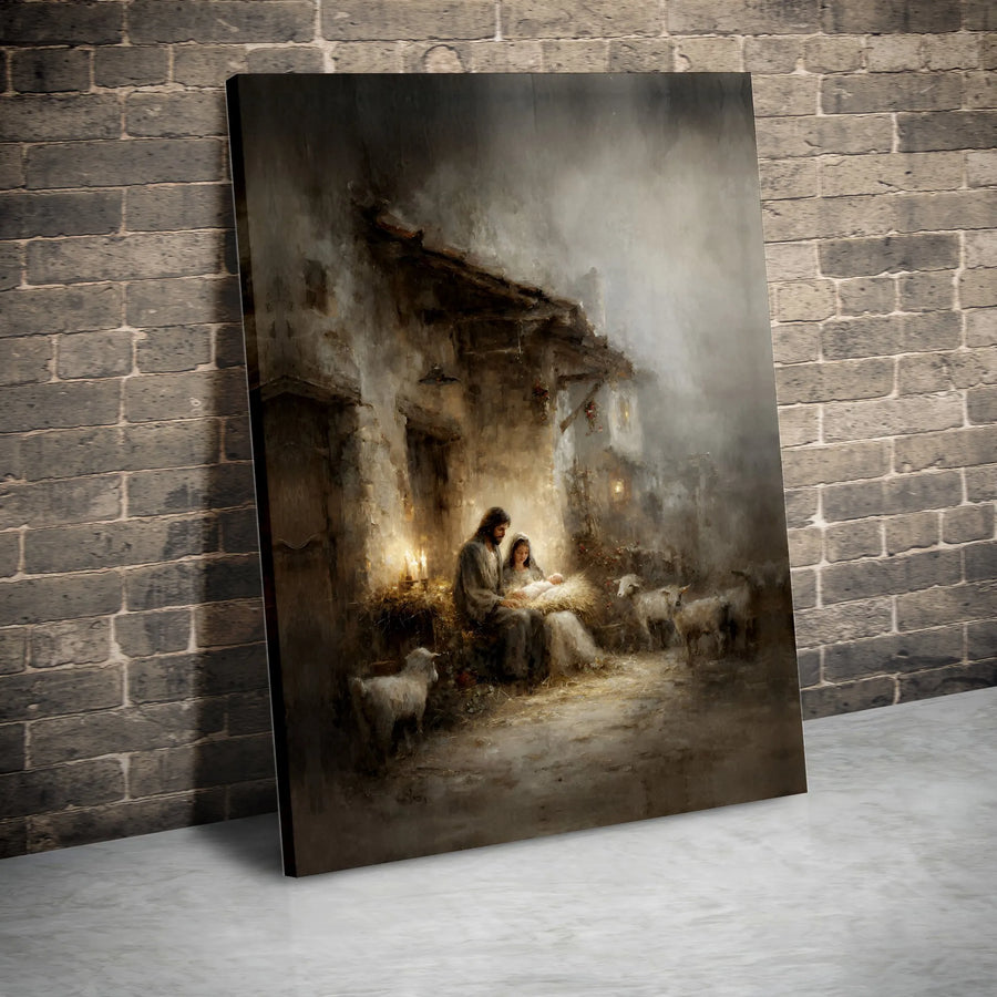 Nativity Scene Canvas Print | Holy Family and Lambs Wall Art | 1.25 Inch Premium Gallery Wrap | Christian Christmas Home Decor Gift