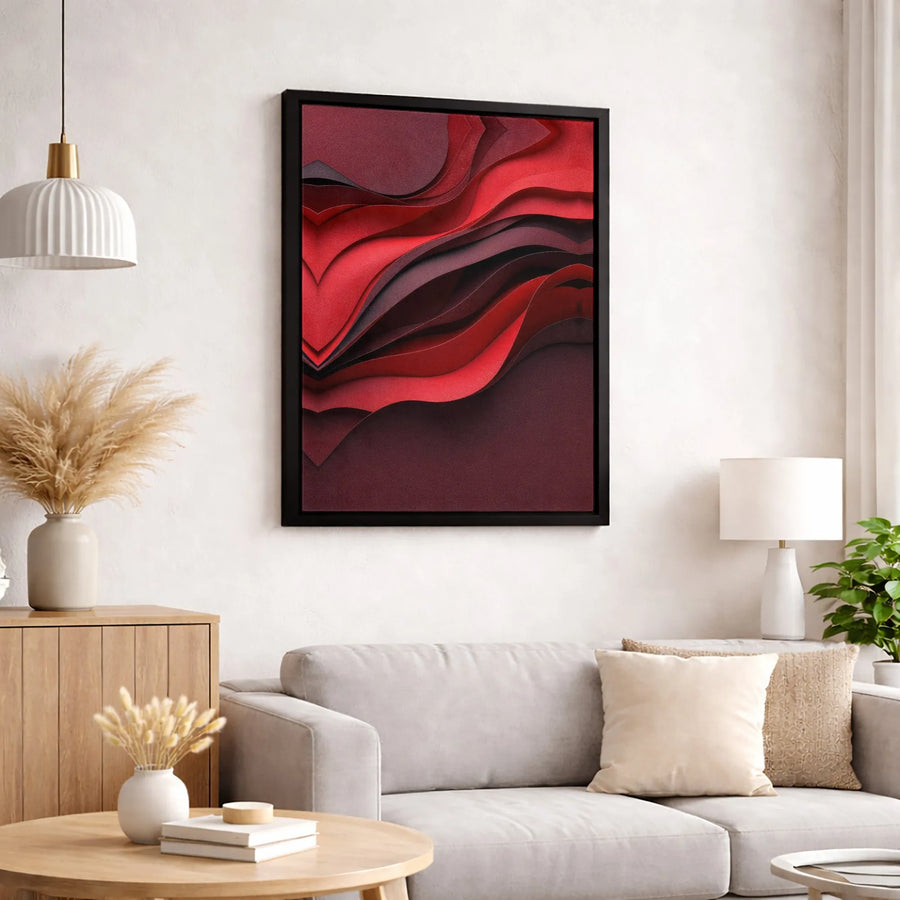 Abstract Red Canvas Wall Art | Wavy Layered Minimalist Decor | Premium Fade-Resistant Gallery Wrap | Modern Home Office Statement Piece
