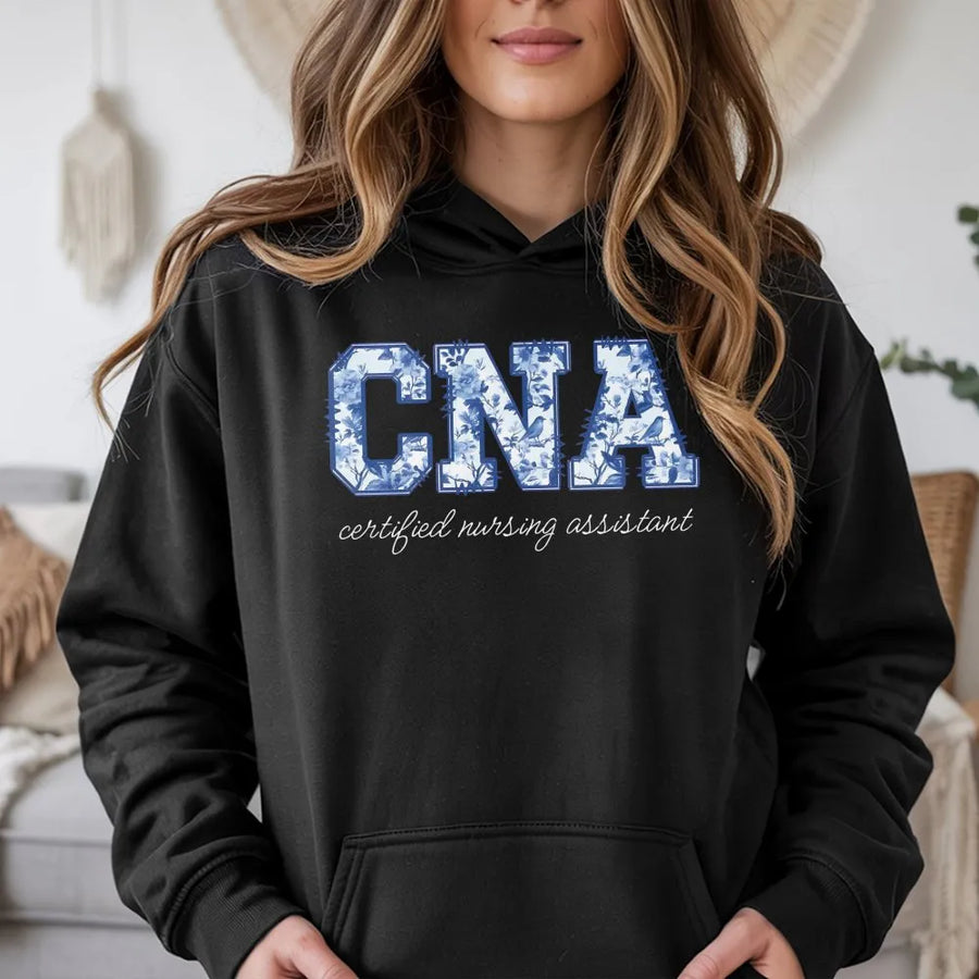 CNA Hoodie | Floral Toile De Jouy Design | Premium Cotton-Polyester Blend | Nurse Appreciation Gift for Nursing Assistants