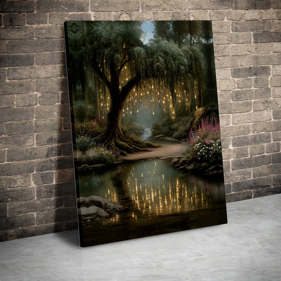 Enchanted Forest Canvas Wall Art | Weeping Willow with Glowing Fairy Lights | Premium Fade-Resistant Print | Fantasy Bedroom Decor Gift