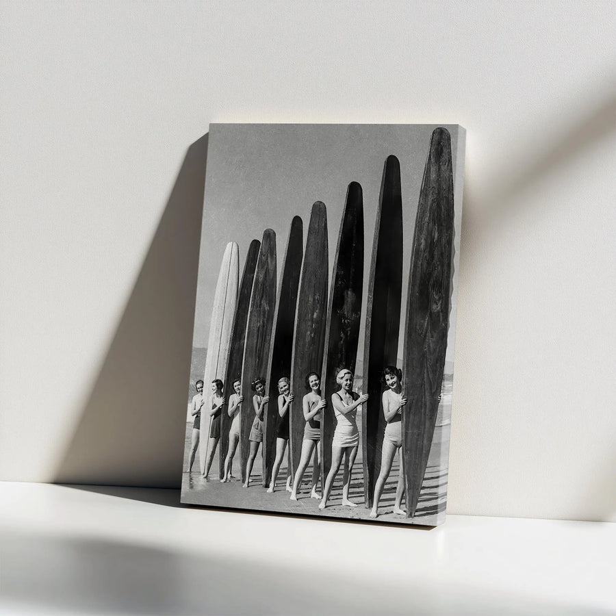 Vintage Surfer Girls Canvas Print | Black & White Classic Surf Photography | Premium Gallery Wrap Canvas | Beach House Wall Decor Gift