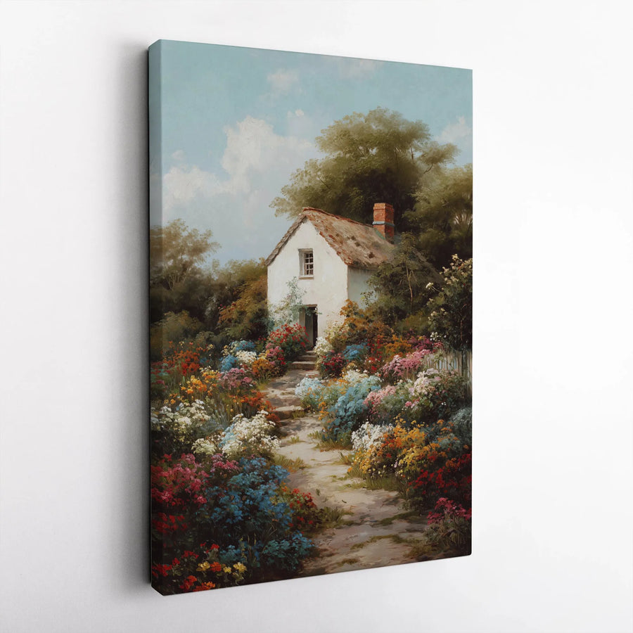 Cottage Garden Canvas Wall Art | Rustic Landscape Oil Painting Style | Premium 1.25" Thick Gallery Wrap | Floral Home Decor Gift