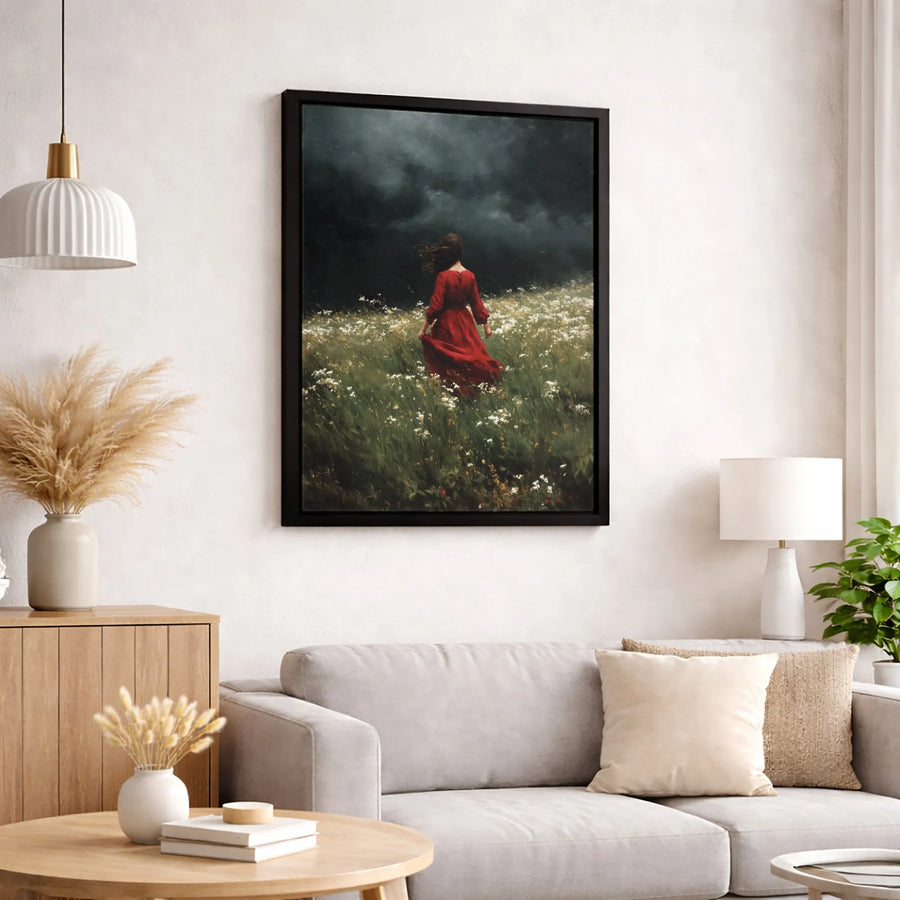 Woman In Red Dress Canvas Art | Moody Stormy Field Landscape Print | Gallery-Quality 1.25" Profile | Modern Aesthetic Home Decor Gift